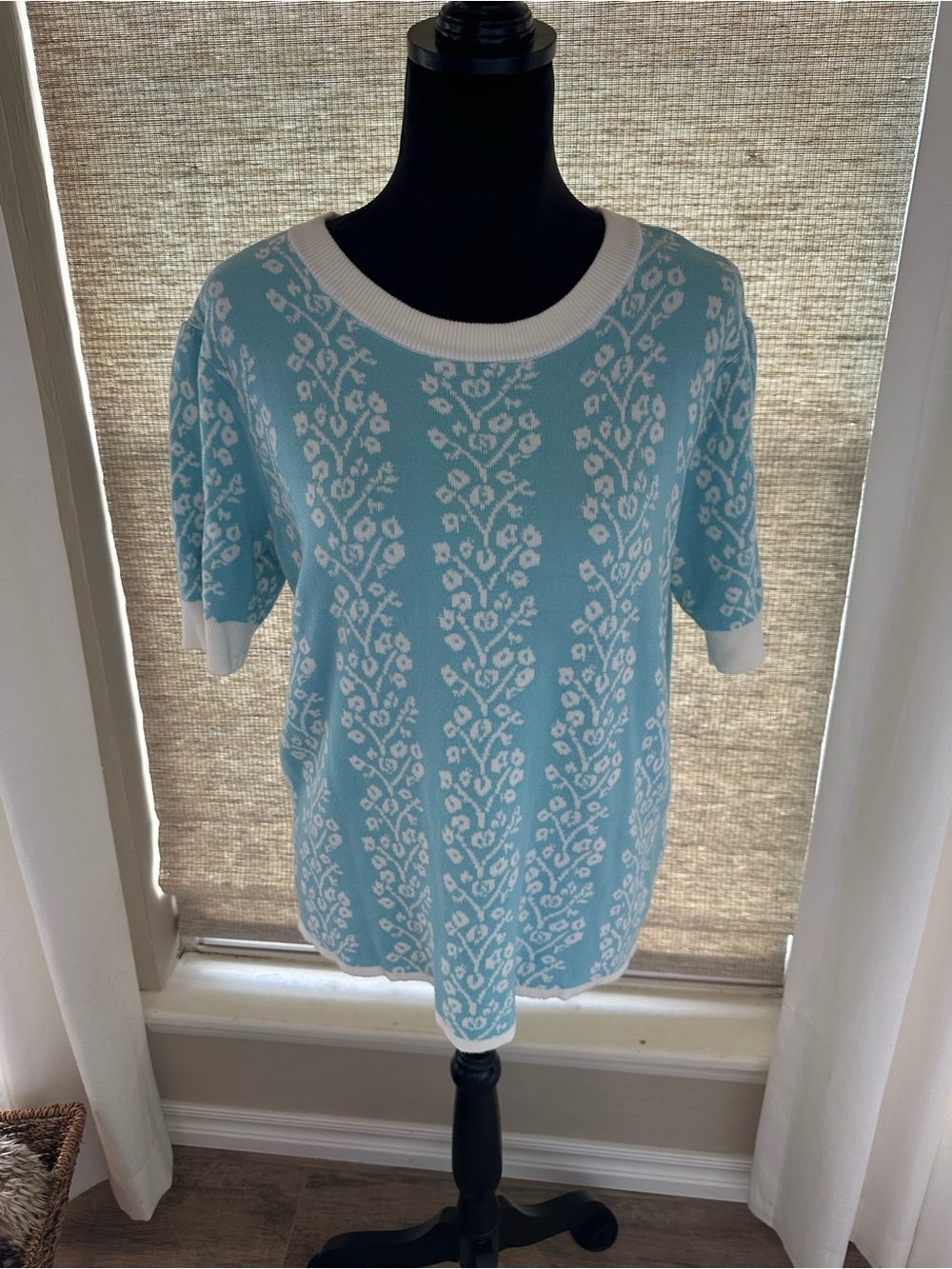 U Defined Light Blue Floral Knit Top with White Trim